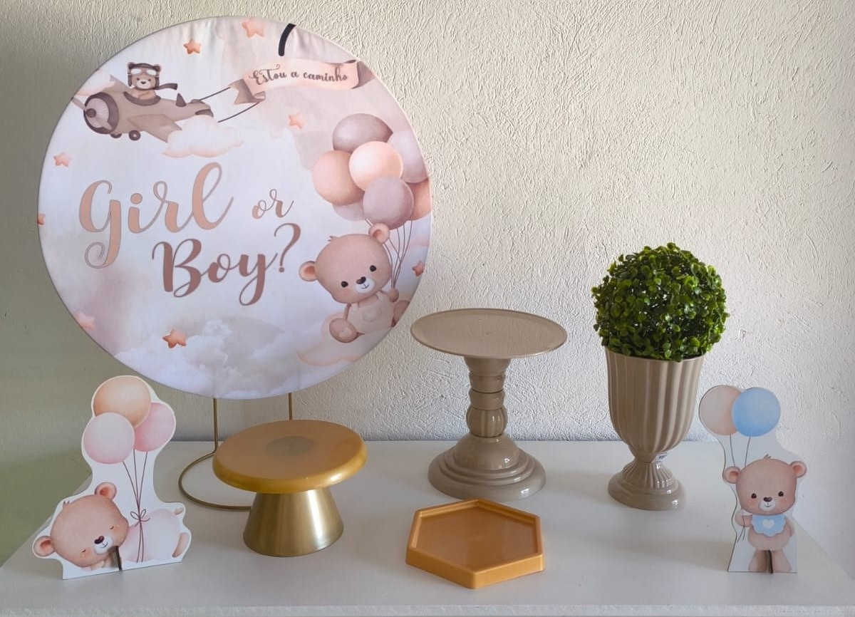 Mini Kit Cha Revelação Ursos Bege E Dourado -  Kit de Mesa  - Wire Love Decor