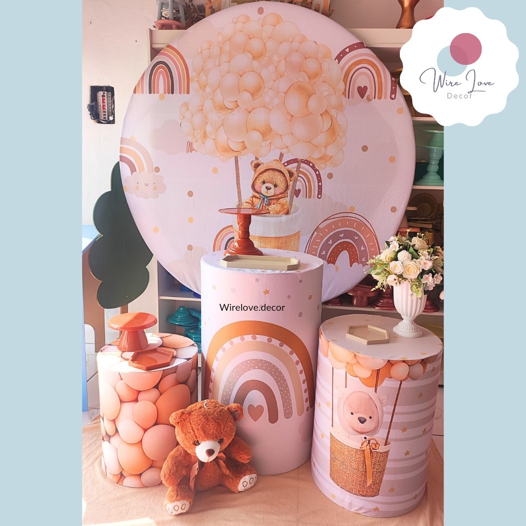 Kit Bronze Urso Baloeiro Arco Iris - Cha de Bebe - Wire Love Decor
