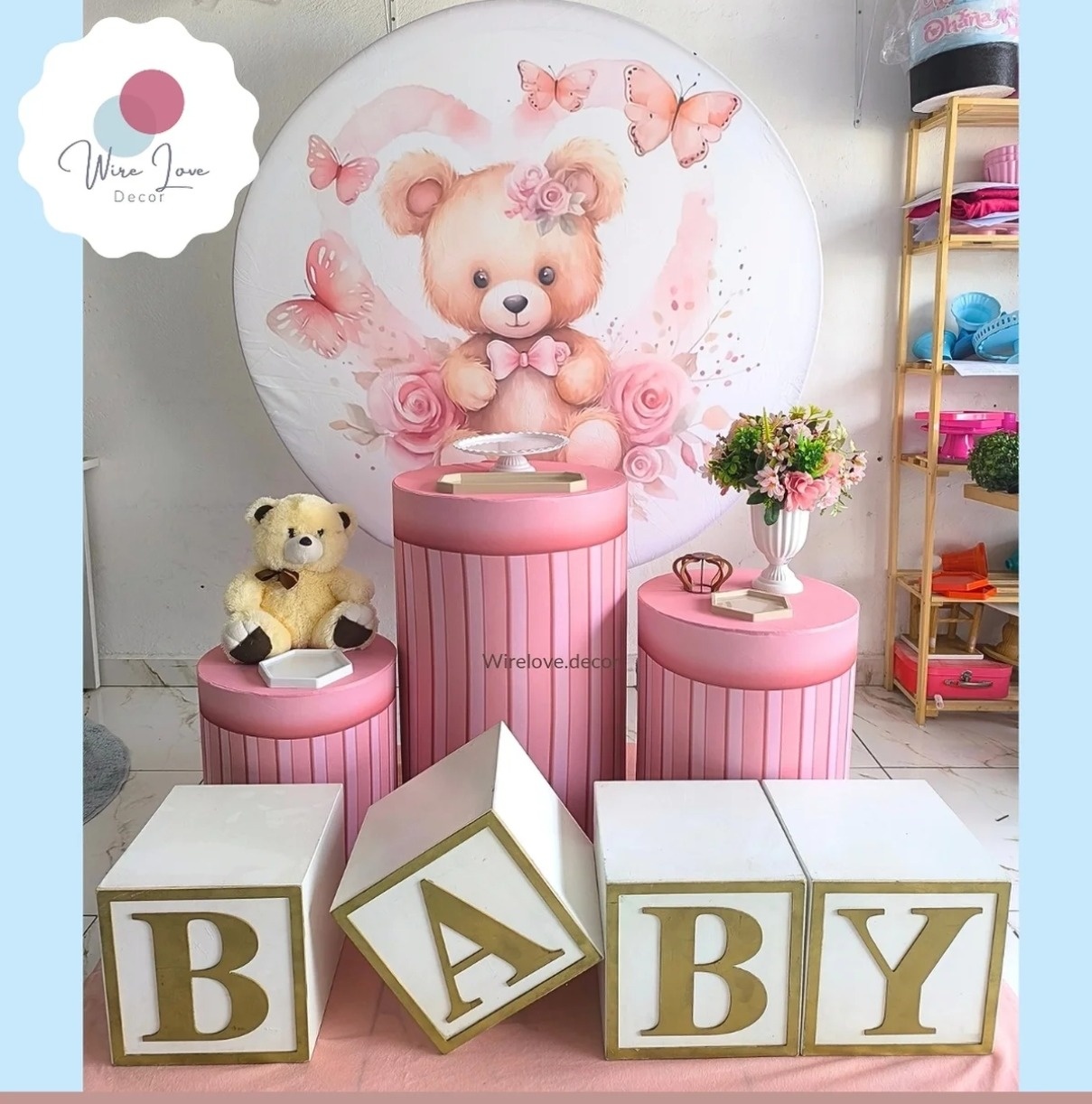 Kit Bronze Ursinha Rosa Aquarela + Cubo Baby - Wire Love Decor