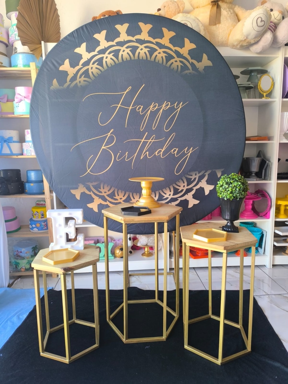 Kit Preto E Dourado Happy Trio Sextavado  - Wire Love Decor