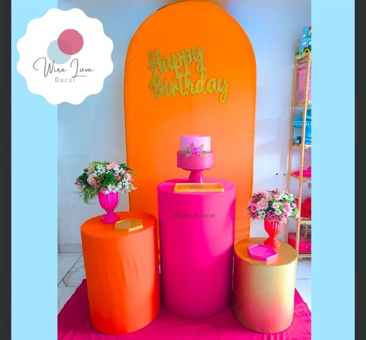 Kit Painel Romano E Cilindros Laranja E Pink - Wire Love Decor