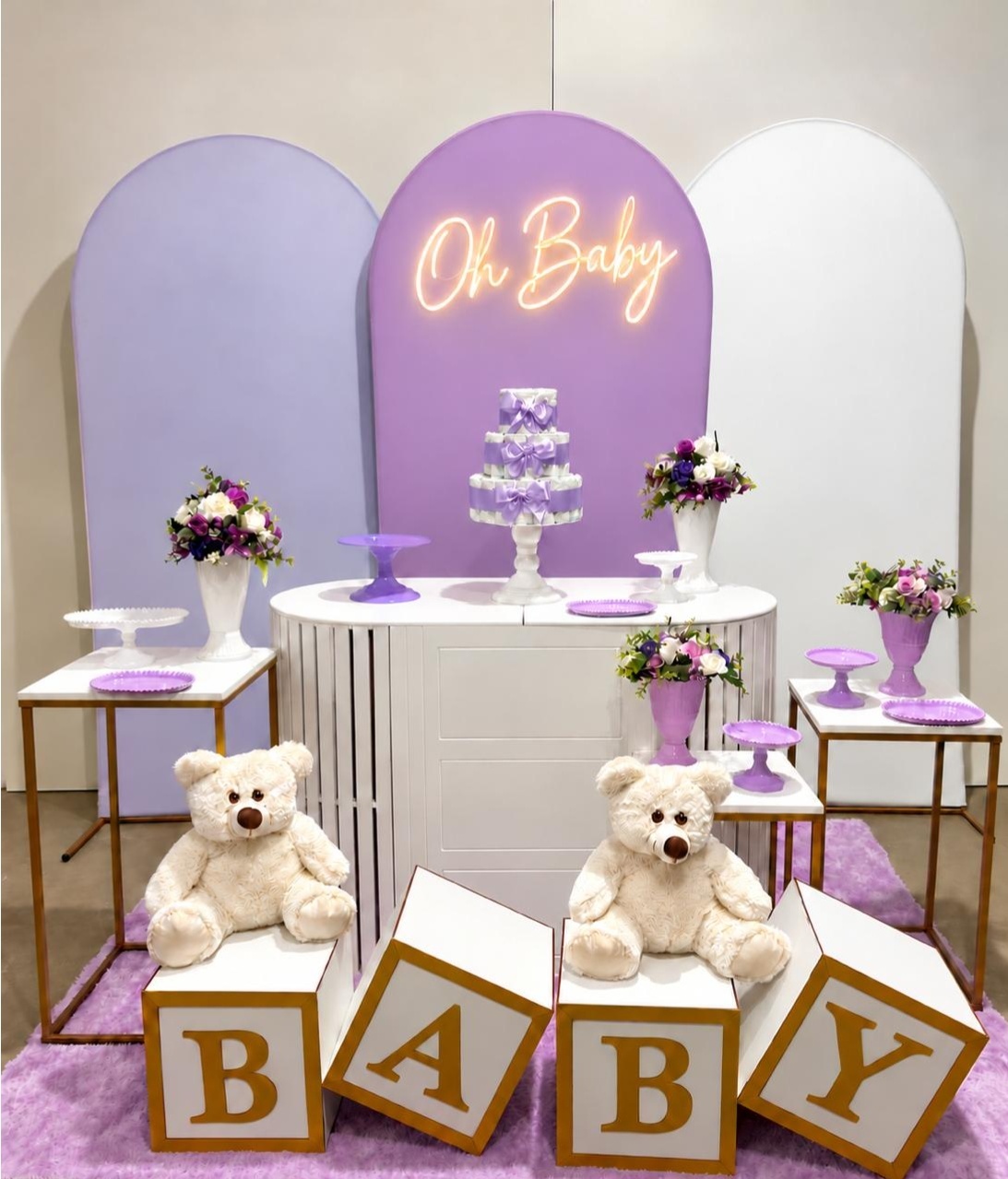 Composição Lilas E Branco Chá de Bebê - A FESTA E DECORAÇÃO