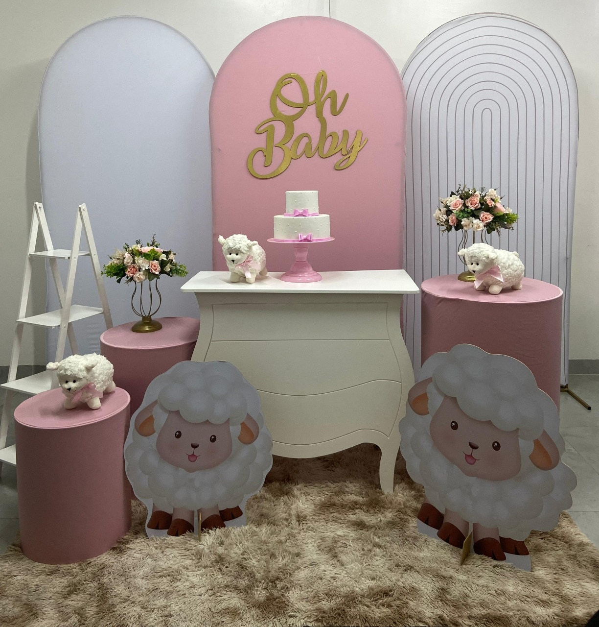 Ovelhinha Kit Super Luxo Rosa E Branco 3 Paineis  - A FESTA E DECORAÇÃO