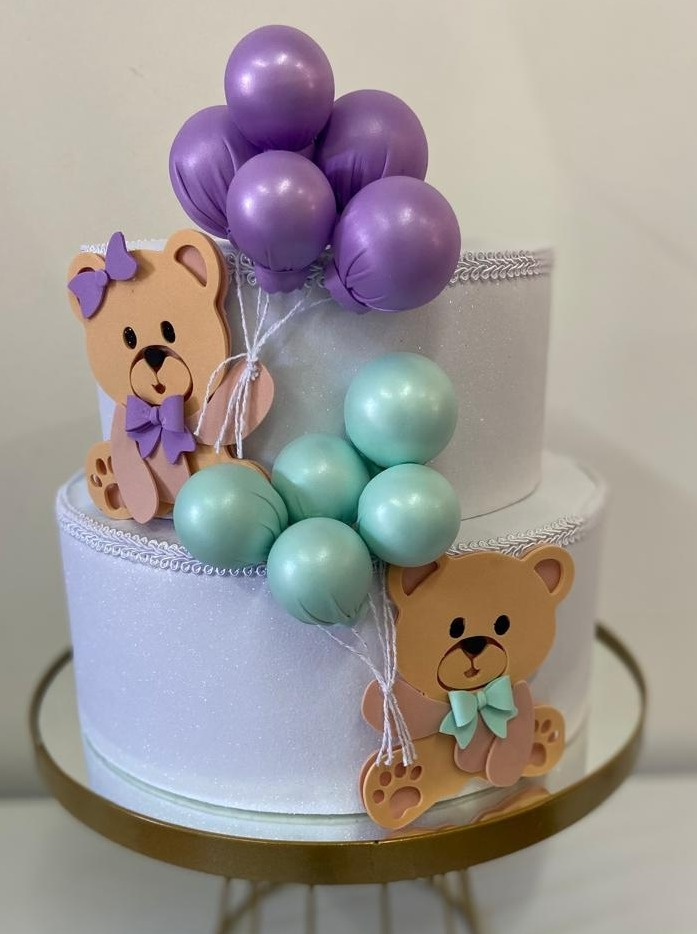 Bolo Fake Verde Lilás Chá Revelação / Bebe - A FESTA E DECORAÇÃO