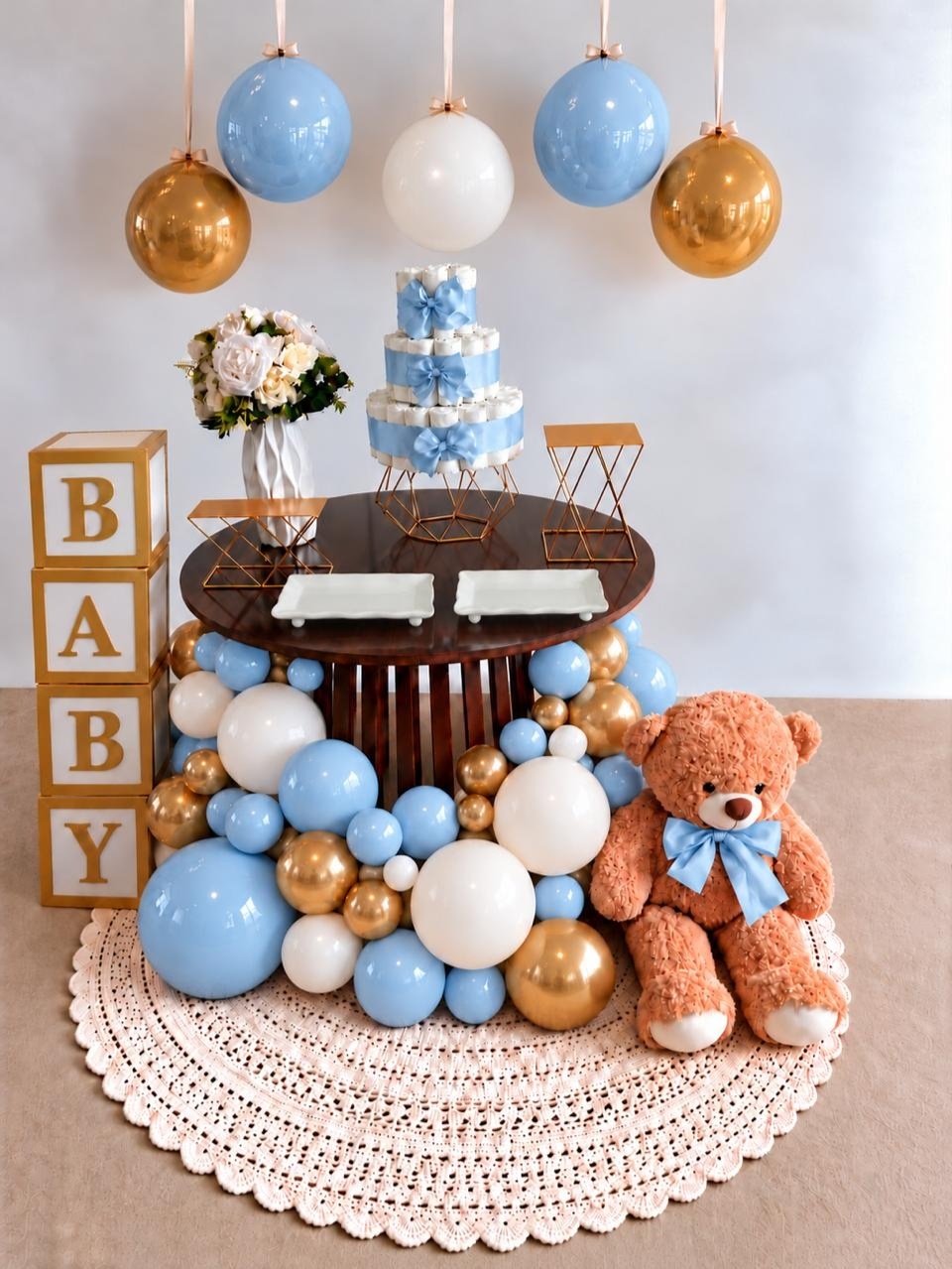 Chá de Bebê Azul E Dourado - A FESTA E DECORAÇÃO
