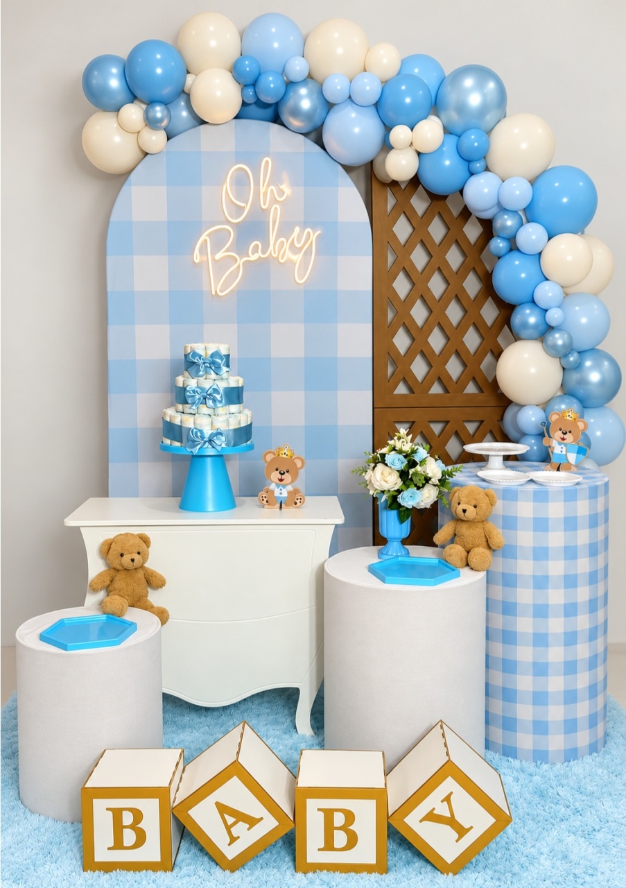 Oh Baby Xadrez Azul Com Treliça Especial Com Balões - A FESTA E DECORAÇÃO