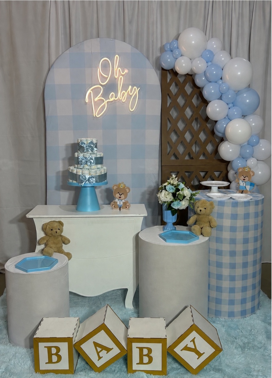 Oh Baby Xadrez Azul Com Treliça Especial Com Balões - A FESTA E DECORAÇÃO