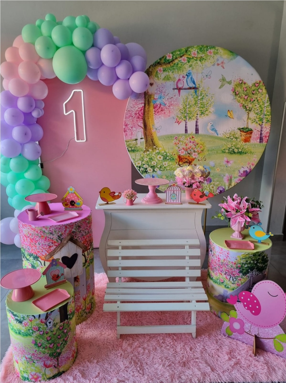 Jardim Encantado Rosa Kit Composição Com Banquinho - A FESTA E DECORAÇÃO