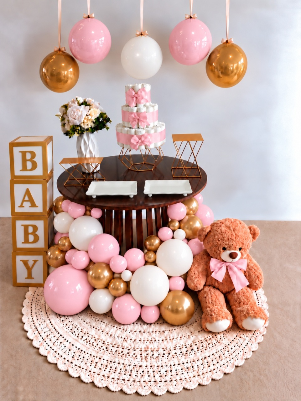 Chá de Bebê Rosa E Dourado - A FESTA E DECORAÇÃO