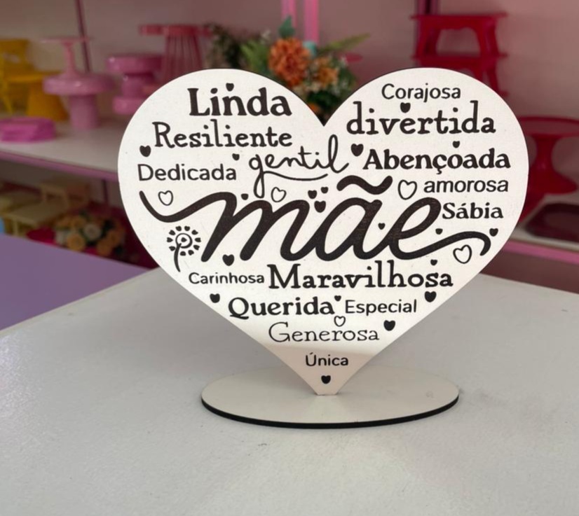 Display Mae Coraçao Escrito Mdf Branco  - suh pegue monte 