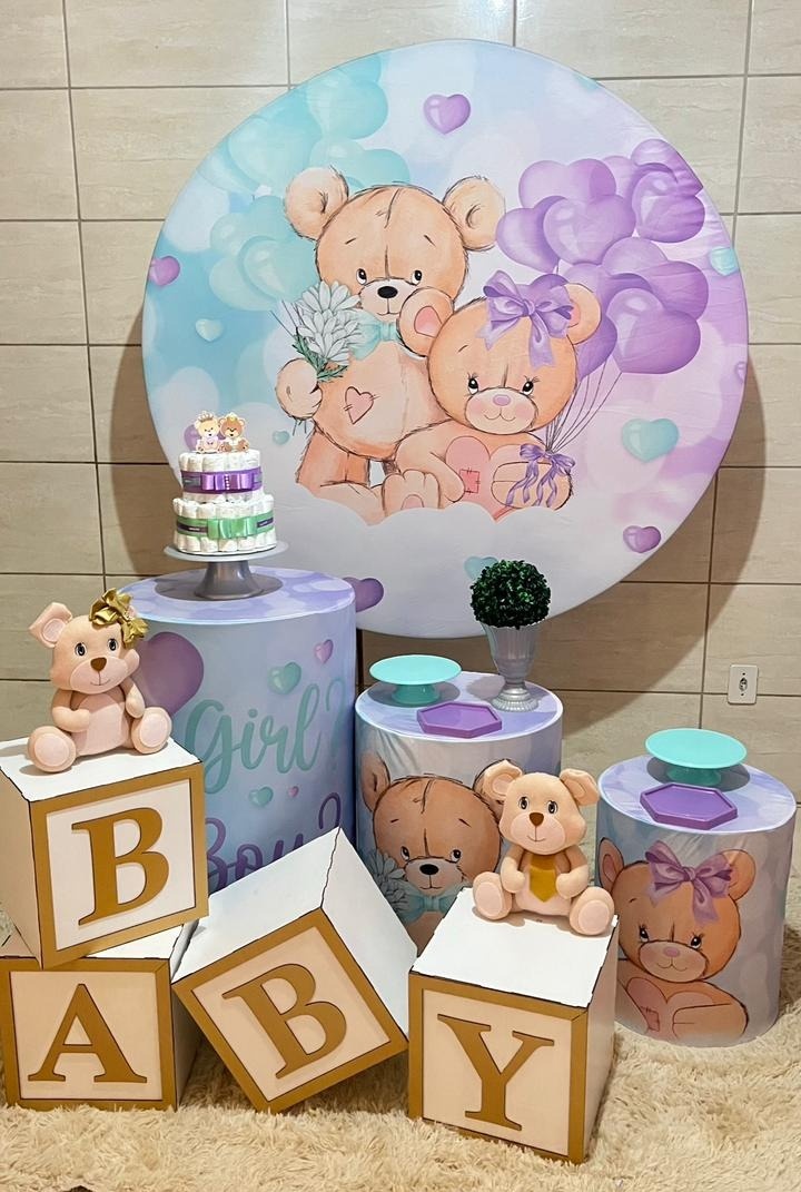 Chá Revelação Urso Lilás E Verde 2 + Cubos Baby - suh pegue monte 