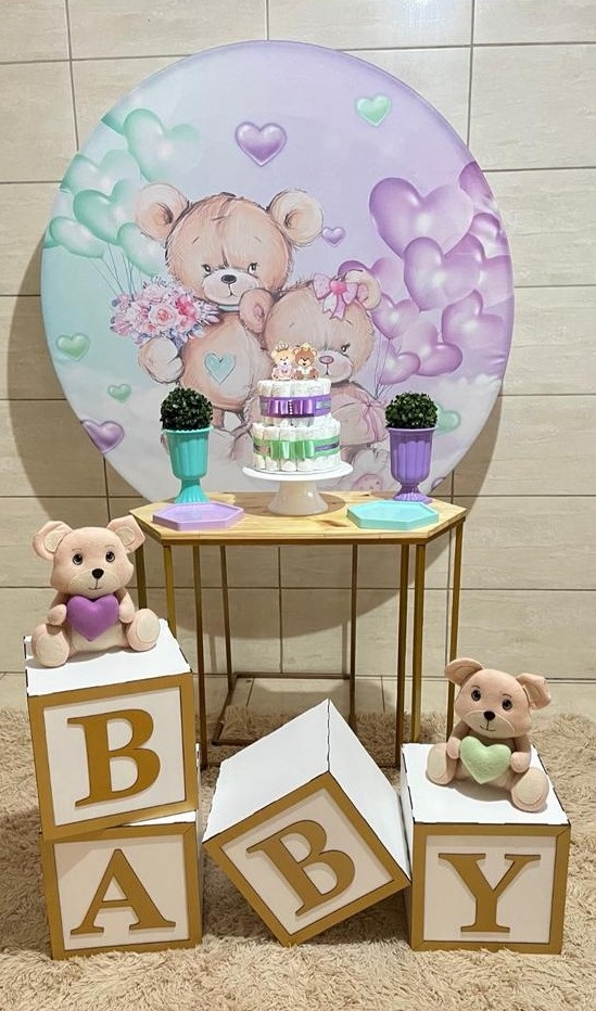 Chá Revelação Urso Lilás E Verde 2 + Cubos Baby  - suh pegue monte 