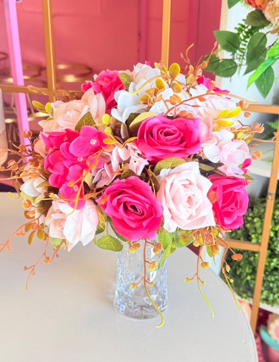 Vaso de Vidro   + Arranjo de Mesa Pink E Rosa - suh pegue monte 