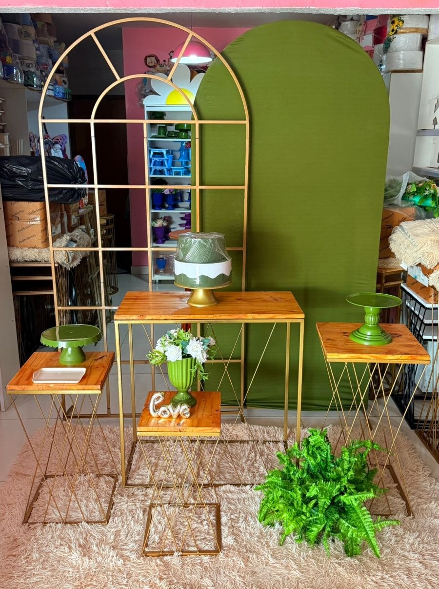 Painel Janela + Romano Verde Musgo + Kit Mesas Trançadas - suh pegue monte 