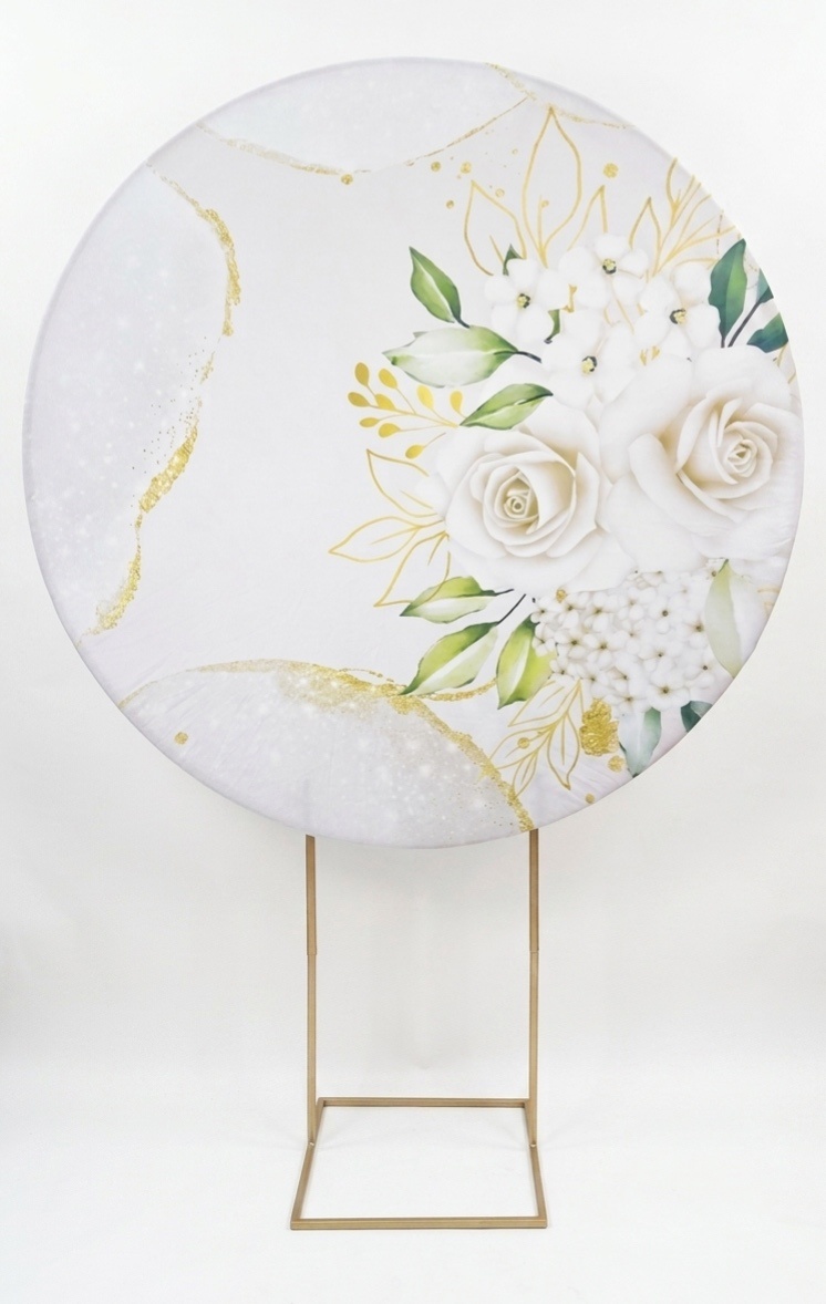 Painel Redondo 1,50 - Floral Rosas Brancas E Dourado - daydecorafestas