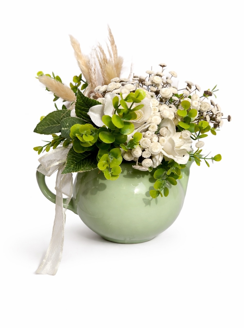 Bule Cerâmica - Verde Com Flores - daydecorafestas