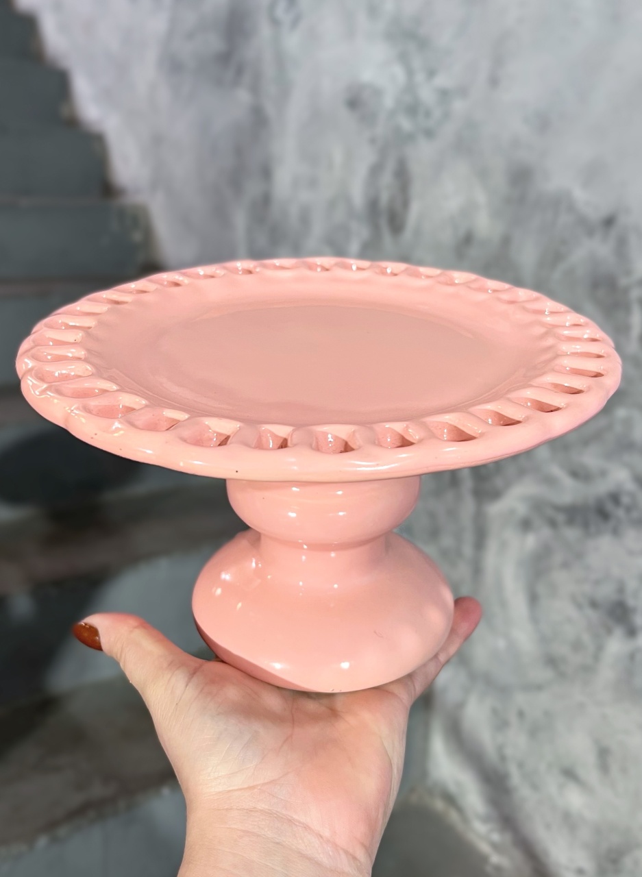 Bandeja Rosa Cerâmica Com Pé - P - daydecorafestas