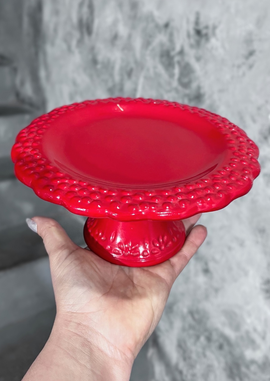 Bandeja Vermelha Cerâmica Com Pé - P - daydecorafestas