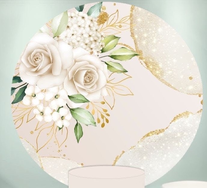 Painel Redondo 1,50 - Floral Rosas Brancas E Dourado - daydecorafestas
