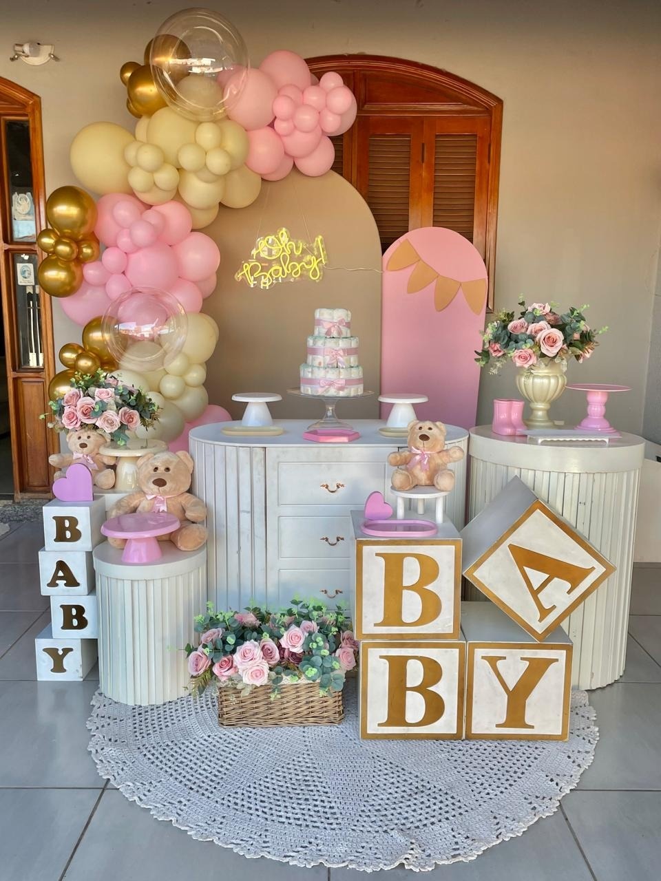 Chá de Bebê Rosa Bege Decoração  - Mila e Dry Decora e Loca 