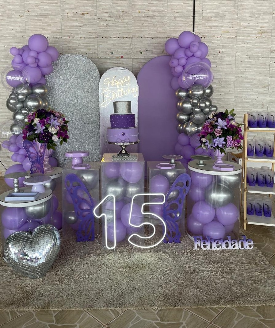 15 Anos Lilás Com Prata Decoração  - Mila e Dry Decora e Loca 
