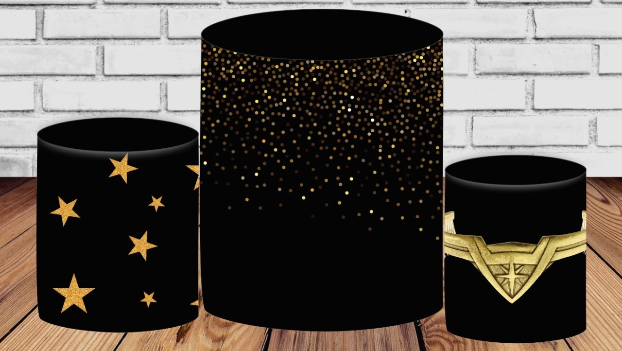 Mulher Maravilha Trio Cilindros Preto Com Glitter  - Fabricando Festa Por RFProvençais