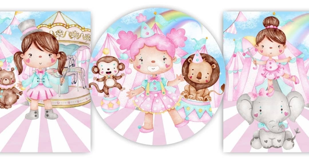 Circo Rosa Aquarelado Trio  Palhaças  (Cópia) - Fabricando Festa Por RFProvençais