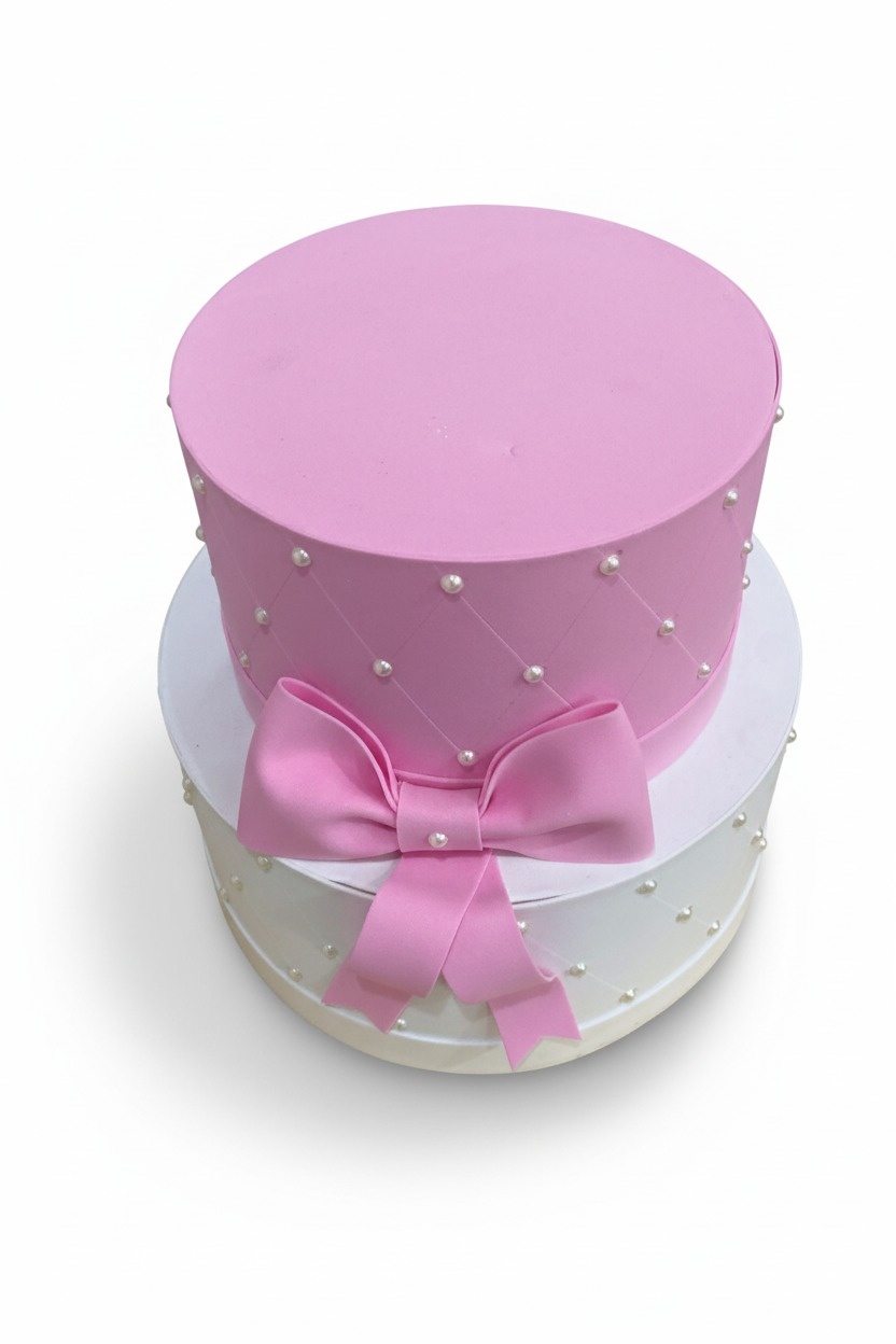 Bolo Fake - Laço Rosa E Branco - 2 Andares  - ARCO FEST - PEGUE E MONTE & DECORAÇÕES