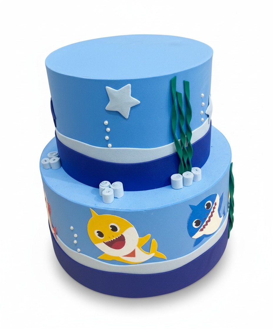 Bolo Fake - Baby Shark - 2 Andares - ARCO FEST - PEGUE E MONTE & DECORAÇÕES