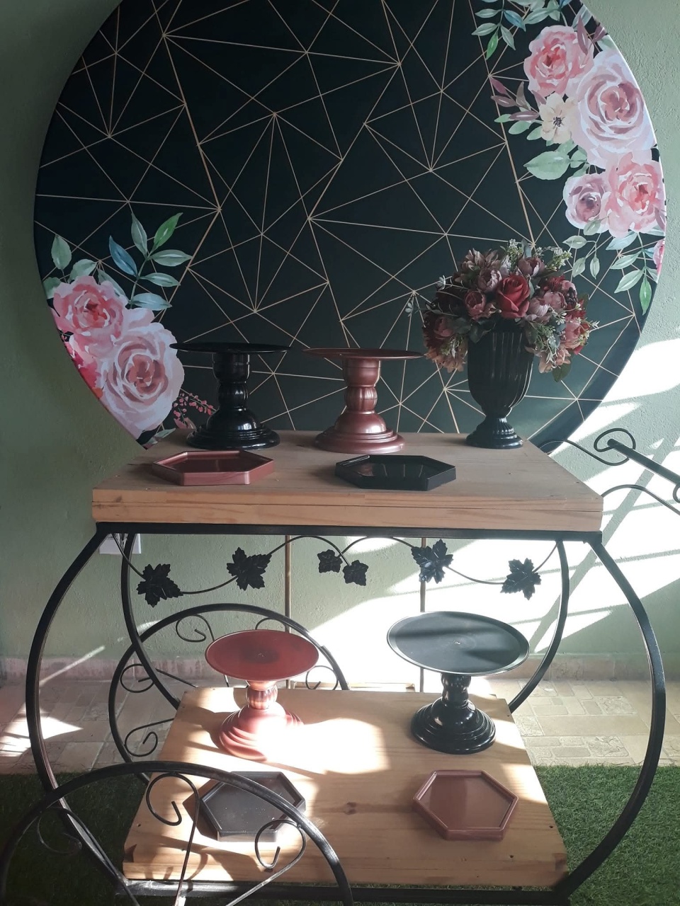 Kit Floral Preto E Rose Com Carrinho Basic     - Kecafestas 