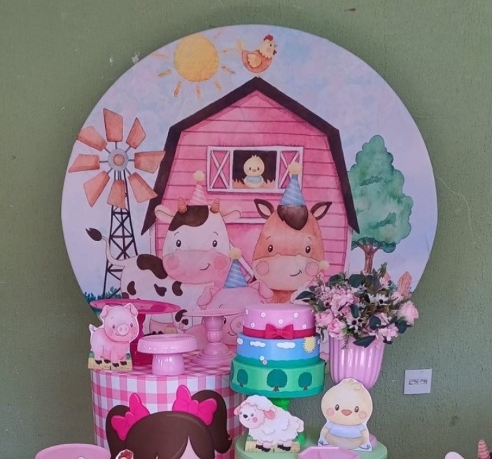 Painel Sublimado Fazendinha Rosa - Kecafestas 