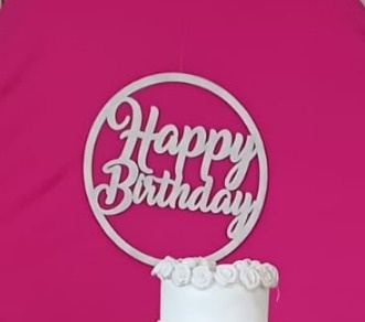 Tag Mdf Círculo Happy Birthday Branco - Kecafestas 