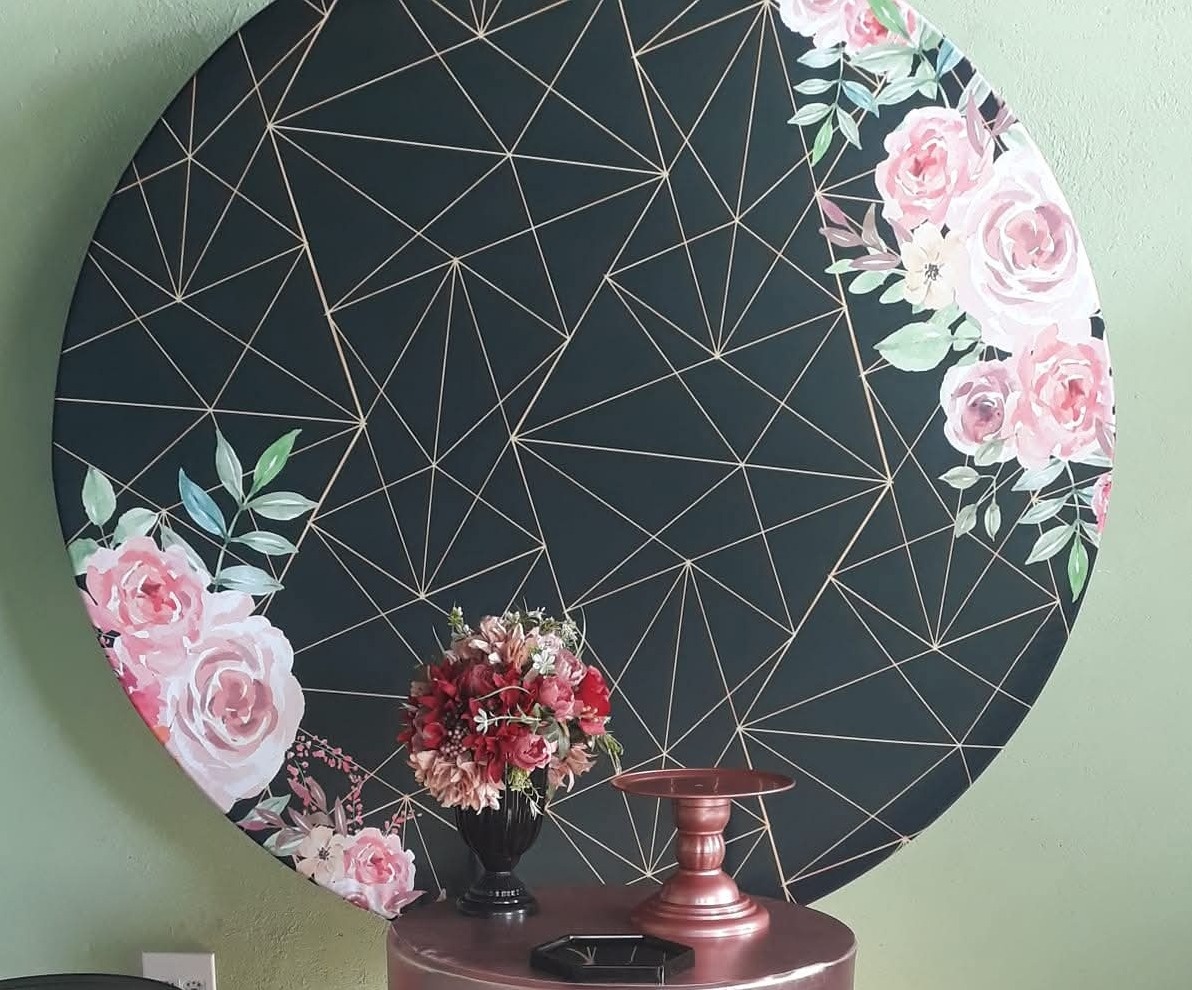 Painel Sublimado Floral Preto Com Rosê  (Cópia) - Kecafestas 