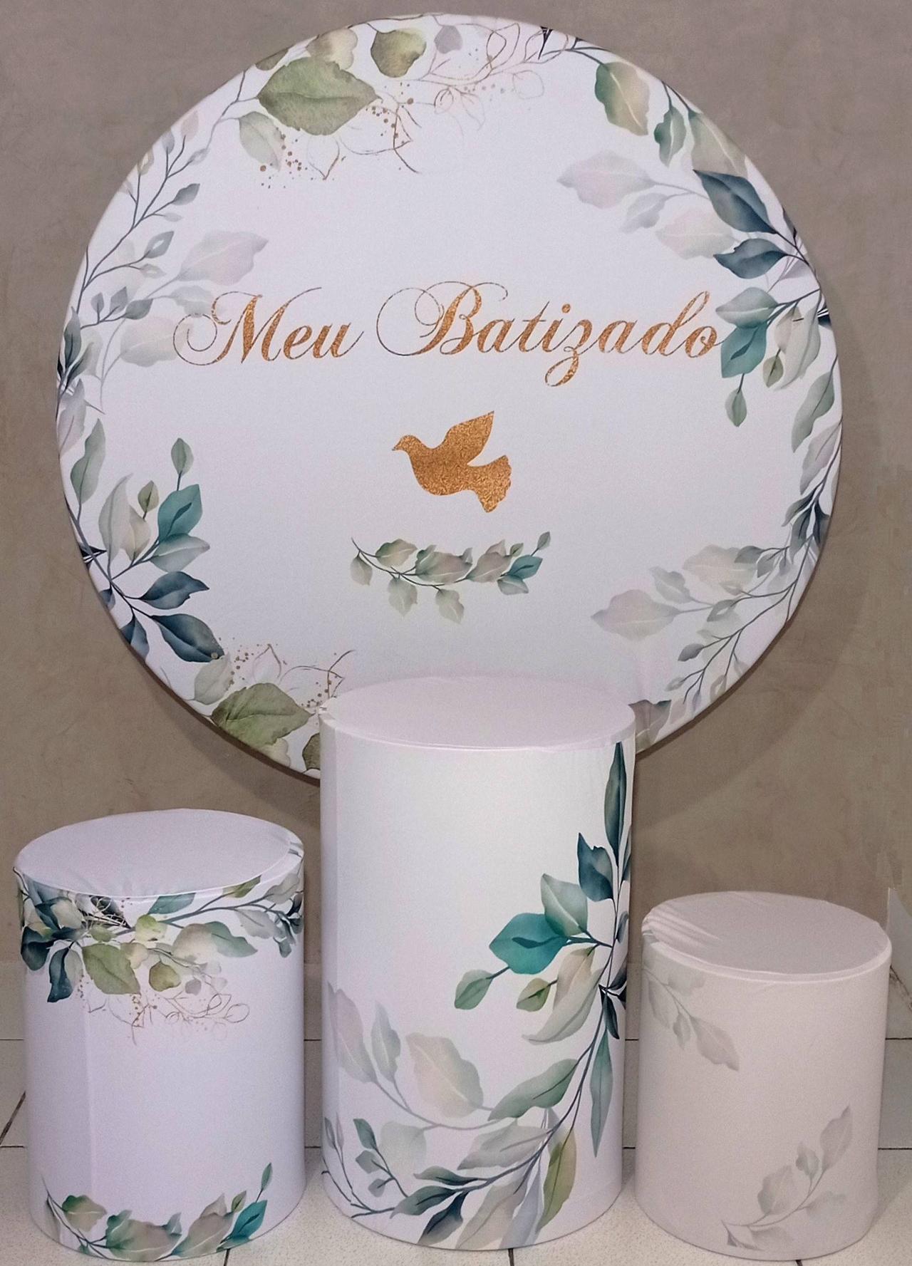 Coleção Clean - Meu Batizado  - Suporte +  Painel + Trio de Cilindros + Capas - CamaleãoLocaçoes