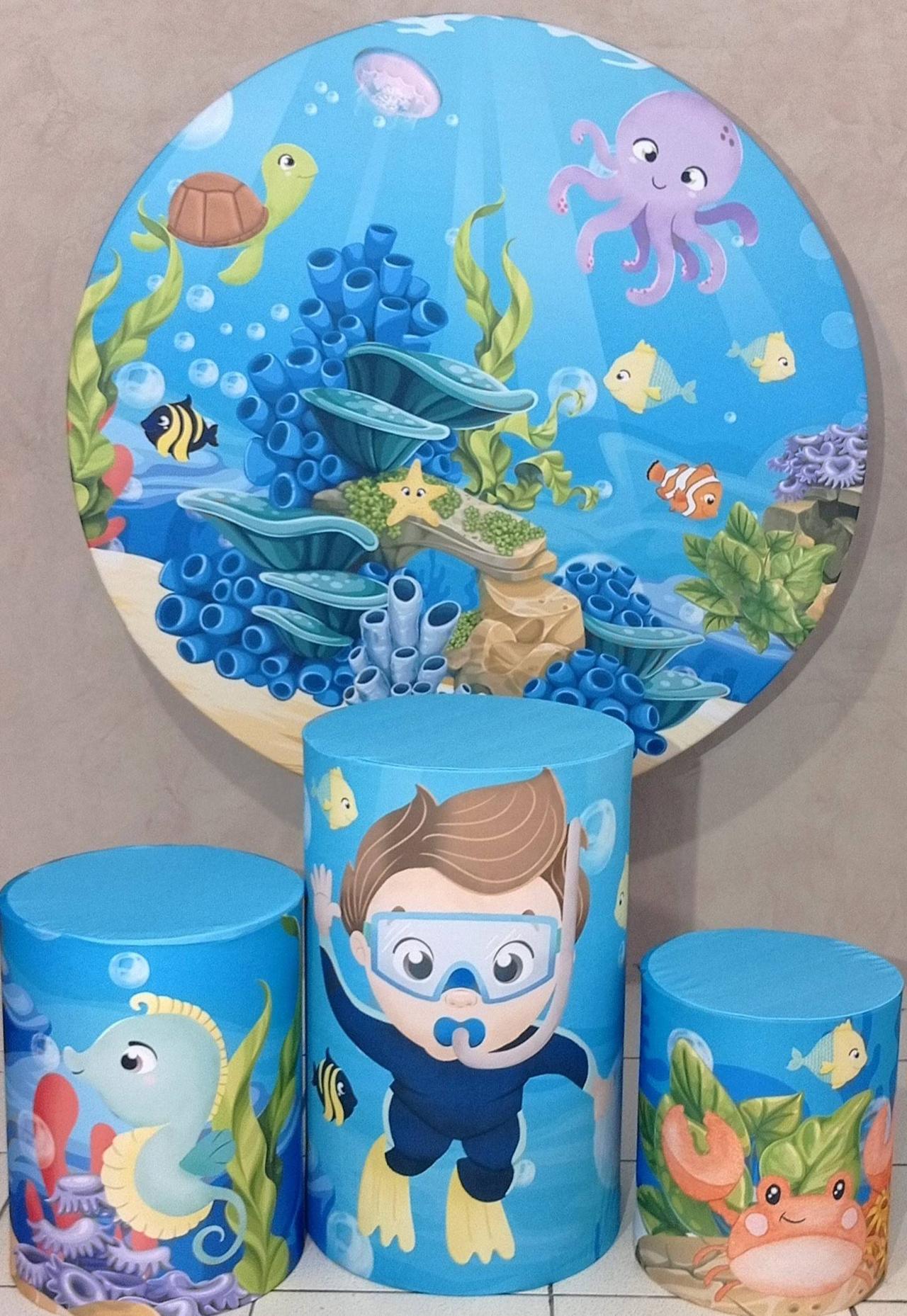 Coleção Clean - Fundo Do Mar  - Suporte + Painel  - Trio de Cilindros + Capas - CamaleãoLocaçoes
