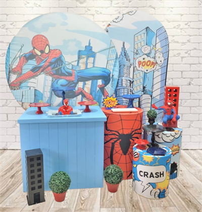 Kit Homem Aranha Luxo, Com Painem Redondo Romanos E 4 Mesas - Nanda Pegue e Monte
