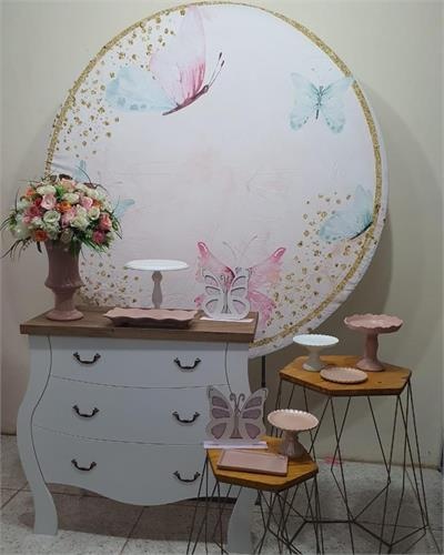 Kit  Painel Redondo Borboleta Com Cômoda E Mesa Hexagonal - Nanda Pegue e Monte