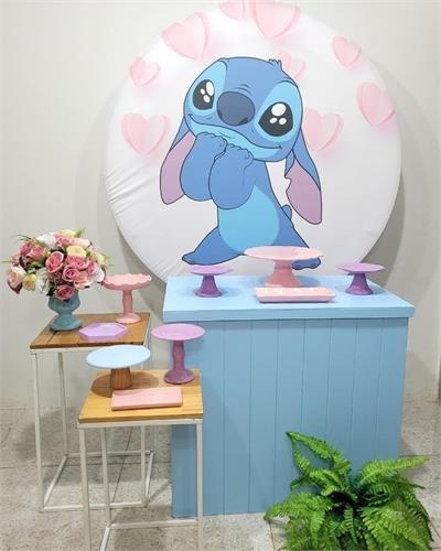 Kit Lilo Painel Redondo Com Mesa Azul Dobravel E 2 Mesas de Ferro Branca - Nanda Pegue e Monte