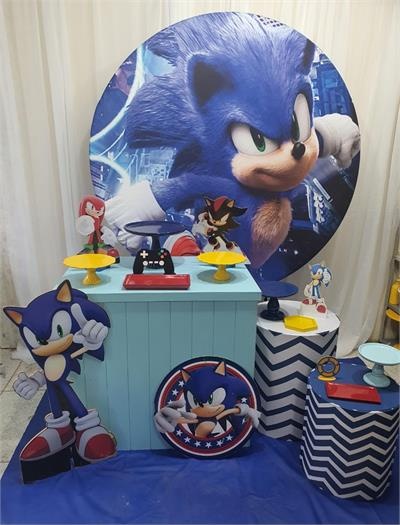 Kit Sonic Com Painel Redondo E Mesa  Azul Dobrável - Nanda Pegue e Monte