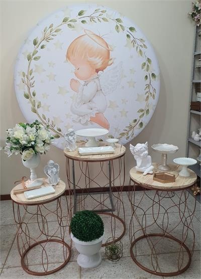 Kit Batizado Com Painel de Anjinho E Mesa Cilindro de Ferro Rose Gold - Nanda Pegue e Monte