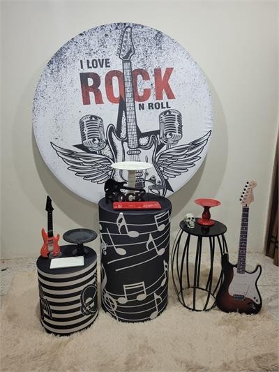 Kit Rock  Com Painel Redondo  E 2 Mesas de Mdf 1 de Ferro - Nanda Pegue e Monte