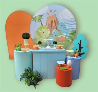 Kit Dinossauro Baby Com Painel Redondo E Romano Com Kit de Cilindro E Mesa Dobravel Azul - Nanda Pegue e Monte