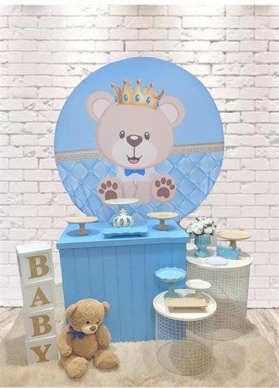 Kit Painel Urso Realeza , Mlesa Dobravel Azul , 2 Mesas Branca Metal - Nanda Pegue e Monte