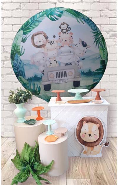 Kit Safari  Painel Redondo Com Mesa Branca Dobravel  E 2 Cilindros - Nanda Pegue e Monte