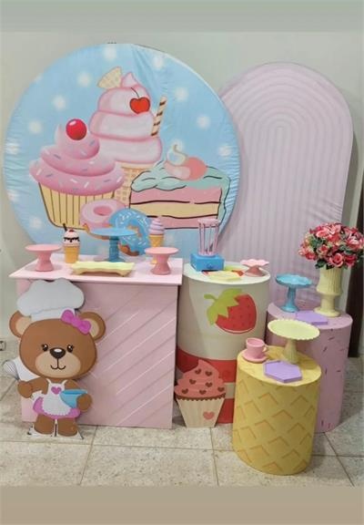 Kit Completo Confeitaria  Com Mesa Rosa E Trio de Cilindros - Nanda Pegue e Monte