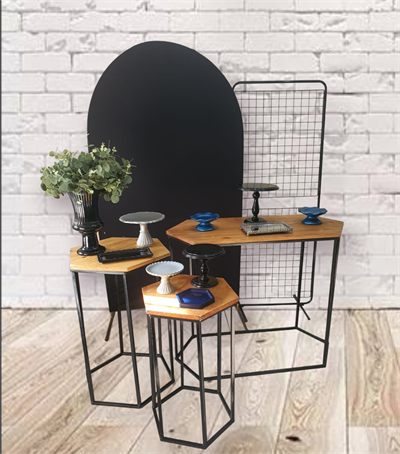 Kit Preto Com Trio de Mesa Hexagonal E Painel Romano E Telado - Nanda Pegue e Monte