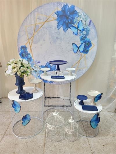 Kit Painel Redondo Branco Com Azul - Flores E Borboletas  - Casamento E Feminino - Nanda Pegue e Monte