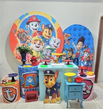 Kit Patrulha Canina Com 4 Mesas , 1 Painel Romano E Trio de Cilindros E Mesa Azul Dobravel - Nanda Pegue e Monte