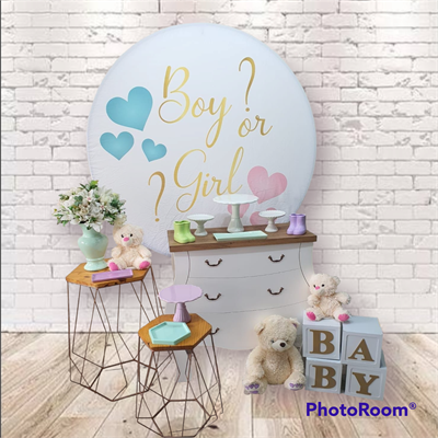Kit Cha Revelação Com Painel  Redondo Boy Or Girl , Com Cômoda E 2 Mesas Hexagonal - Nanda Pegue e Monte