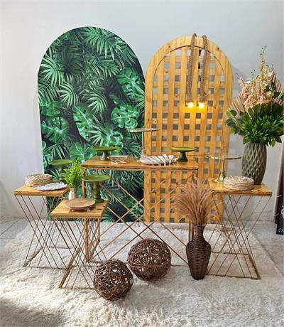 Kit Casamento Ou Adulto  Verde Com Dourado - Kit Com 4 Mesa Douradas Em X Com  Painel Ripado E Costela de Adão - Nanda Pegue e Monte